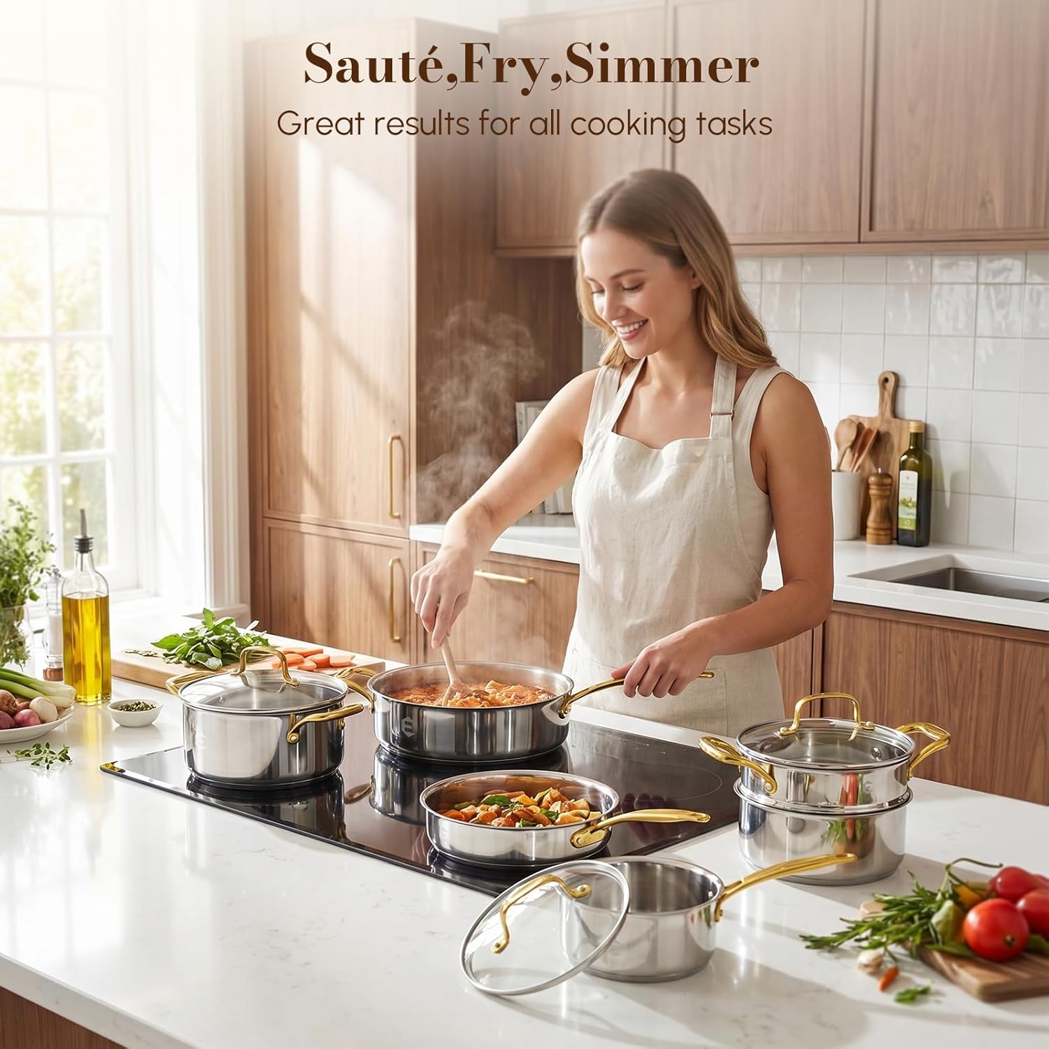 Stainless Steel Cookware Set, Tri-Ply Pots and Pans Set, 26 Piece Kitchen Cooking Utensils Set with Lids, Gold Grip Handles, Induction, Oven, Non-Toxic, Dishwasher Safe, Professional Chef Quality