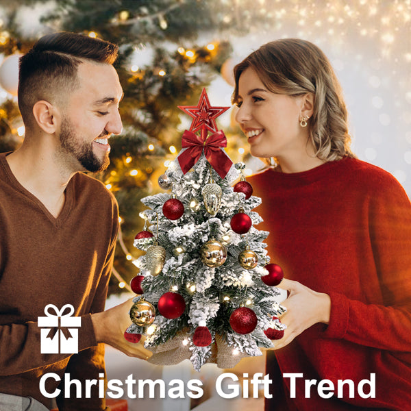 55cm Pre-lit Mini Christmas Tree with Lights for Tabletop Artificial Christmas Tree with Flocked Snow, Exquisite Decor & Xmas Decorations for Home & Office Decor