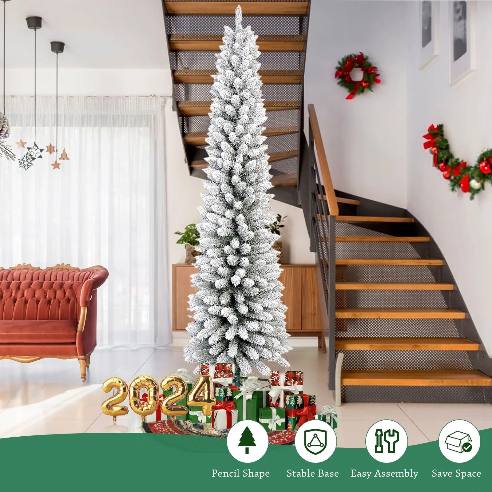 7FT Snow Flocked Pencil Christmas Tree, Unlit Artificial Hinged Xmas Tree with Metal Stand, Slim PVC Tree with 469 Snowy Tips, Artificial Holiday Decoration for Indoor and Outdoor Use, White