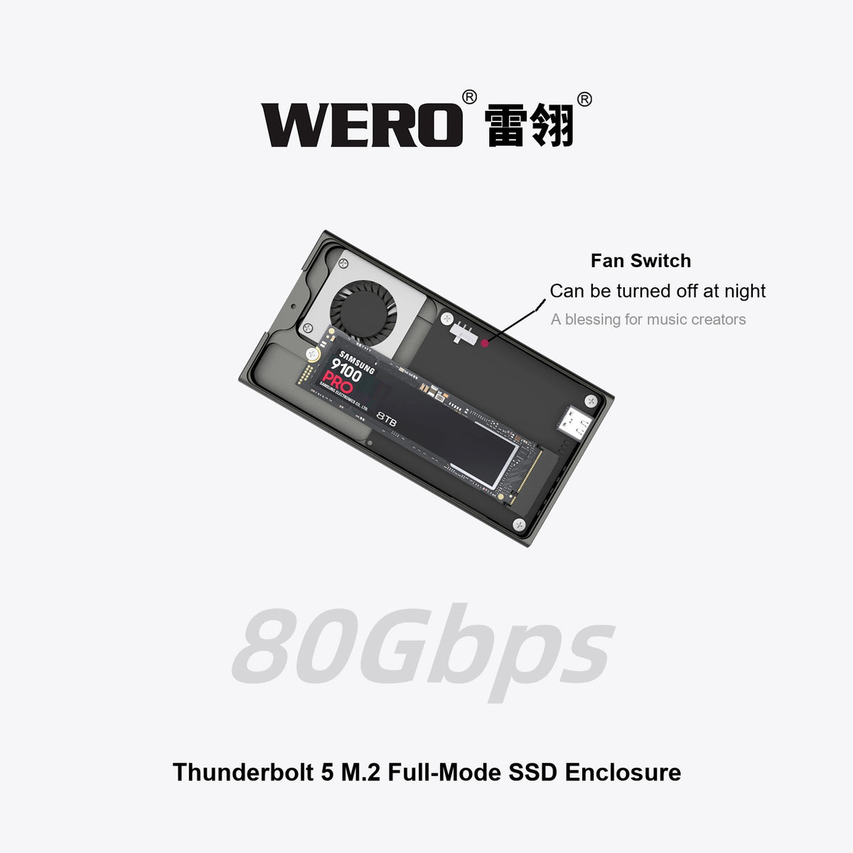WREO Thunderbolt 5 80Gbps M.2 Full-Mode SSD Enclosure（External Cable）（1XM2-V80）