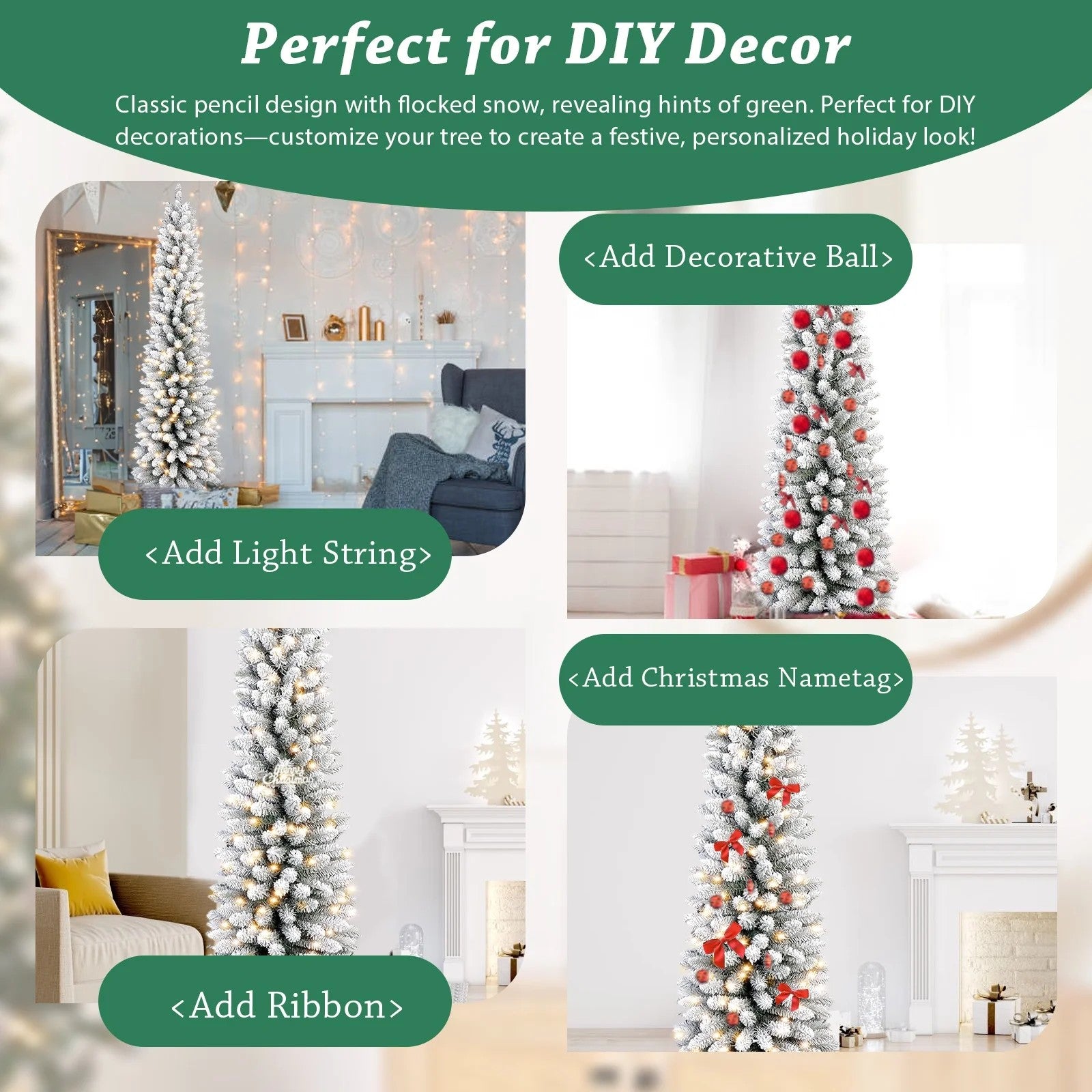 7FT Snow Flocked Pencil Christmas Tree, Unlit Artificial Hinged Xmas Tree with Metal Stand, Slim PVC Tree with 469 Snowy Tips, Artificial Holiday Decoration for Indoor and Outdoor Use, White