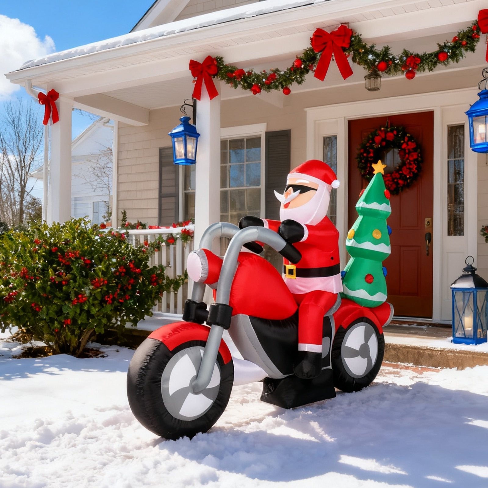 7.55 FT Long Christmas Inflatables Santa Claus Riding a Motorcycle with Tree, Outdoor Blow Up Santa Christmas Inflatables with 7 Bright White LED Lights, Indoor Outdoor Yard Lawn Party Décor