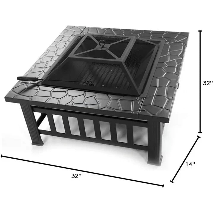 Fire Pit for Outside, 32" Outdoor Wood Burning Firepit with Fireplace Screen, Square Metal Patio Fireplace Tables for Camping, Outdoor Heating, Bonfire and Picnic, Black