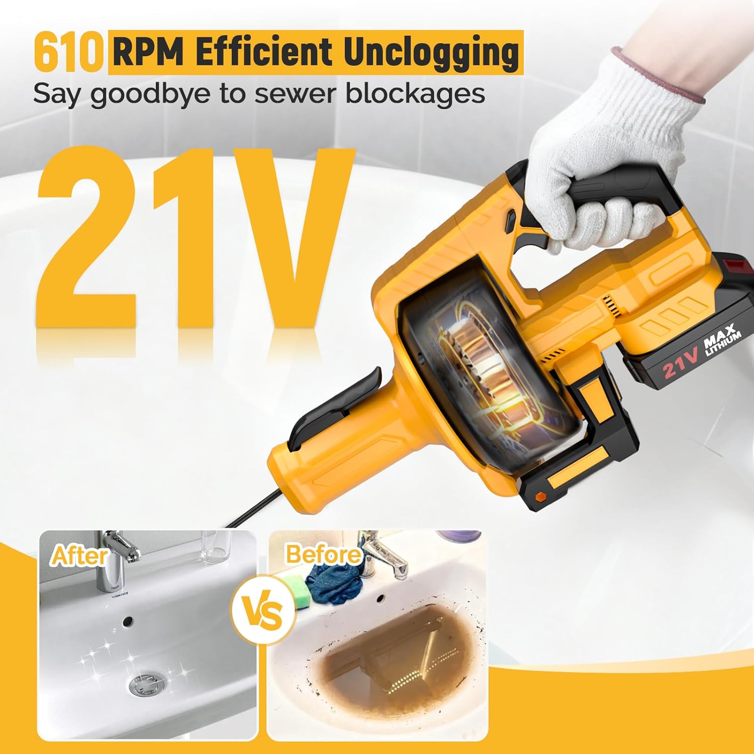 Electric Drain Auger,21V Cordless Drain Snake,25Ft Auto-Feed Snake Drain Hair Removal Tool with 2.0Ah Battery,Sink Snake Drain Cleaner for Sewer,Toilet,Kitchen,Shower 3/4"-2.95" Pipes(Bag&Gloves&Rag）