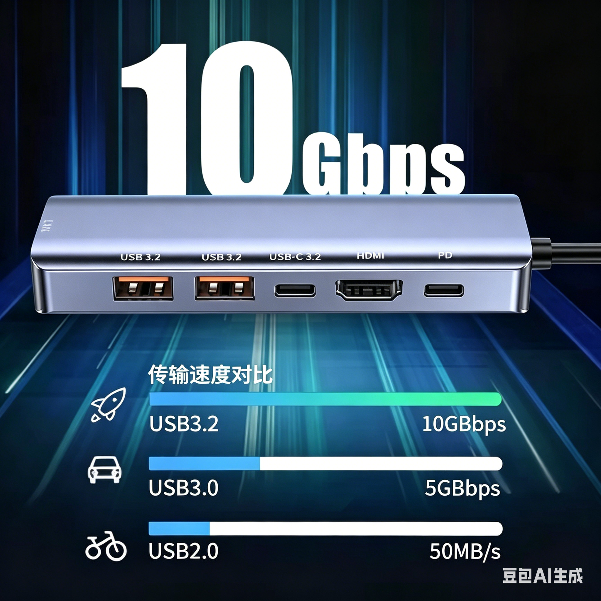 QGeeM 6-in-1 USB C Hub PD100W 4K60Hz HDMI USB3.2 10Gbps Data Transfer PD 100W Fast-Charging Portable Adapter-UH06-22-A