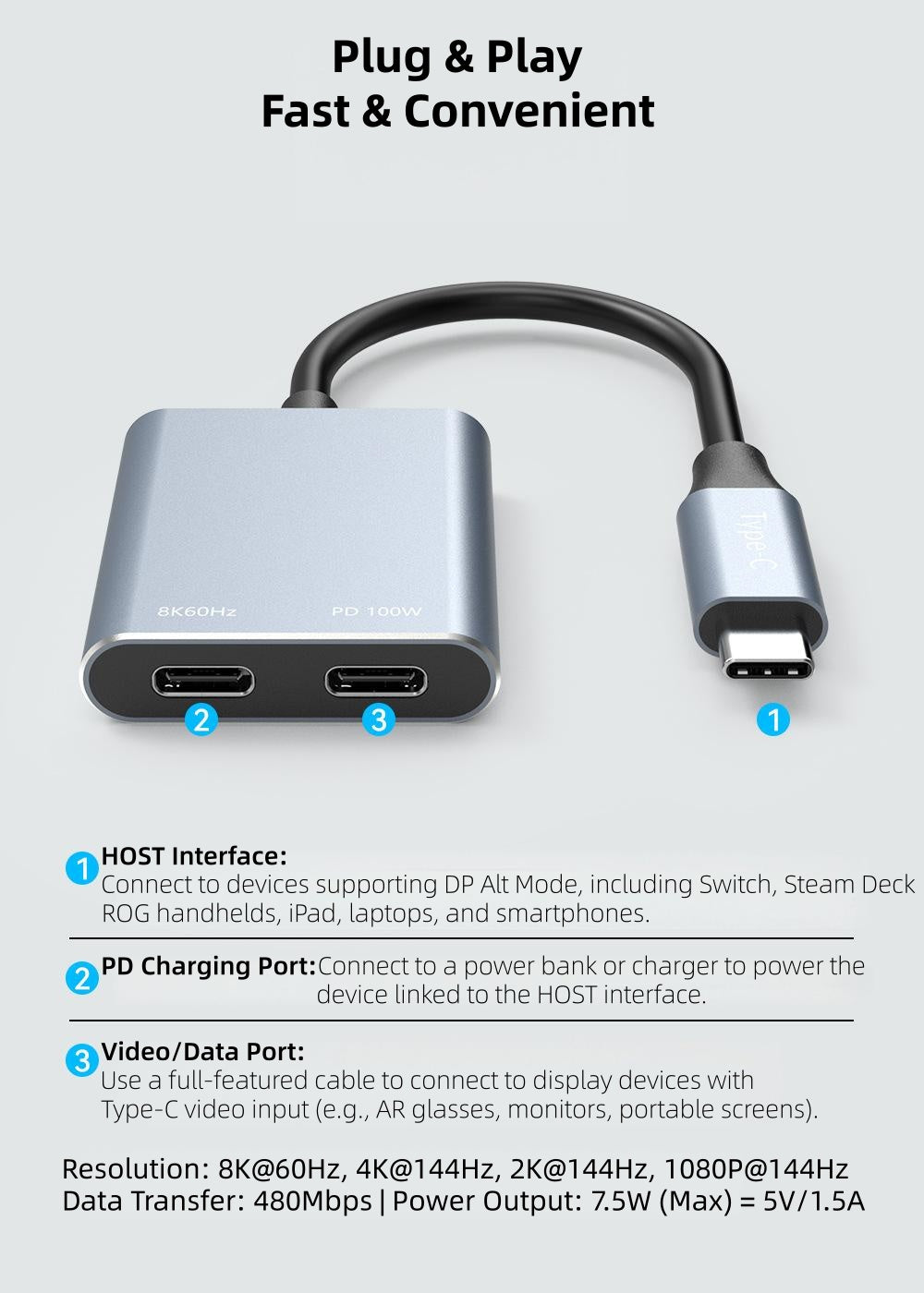 Type-C to AR Glasses and Charging Adapter, Charge and Play, 8K@60Hz 100W PD Fast Charging Compatible with Steam Deck/Switch/ROG Ally/iPhone 17/16/15/Viture/Rokid/Xreal AR Glasses-UH02-27-A