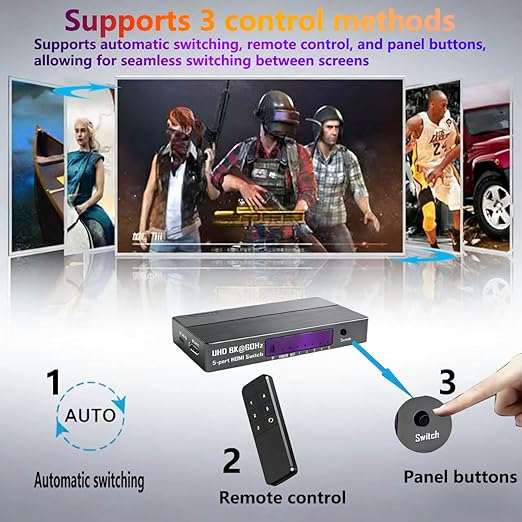 HDMI Switch 5 in 1 Out, 5 Way HDMI Switcher Selector Box with IR Remote (4K@60Hz 5x1 HDMI Switch)-EX45-A-0-BK