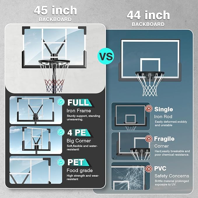 Basketball Hoop Outdoor, 10FT Adjustable Basketball Hoops Portable Basketball Goals with 45 Inch Shatterproof Backboard for Kids Teenagers Youth Adult