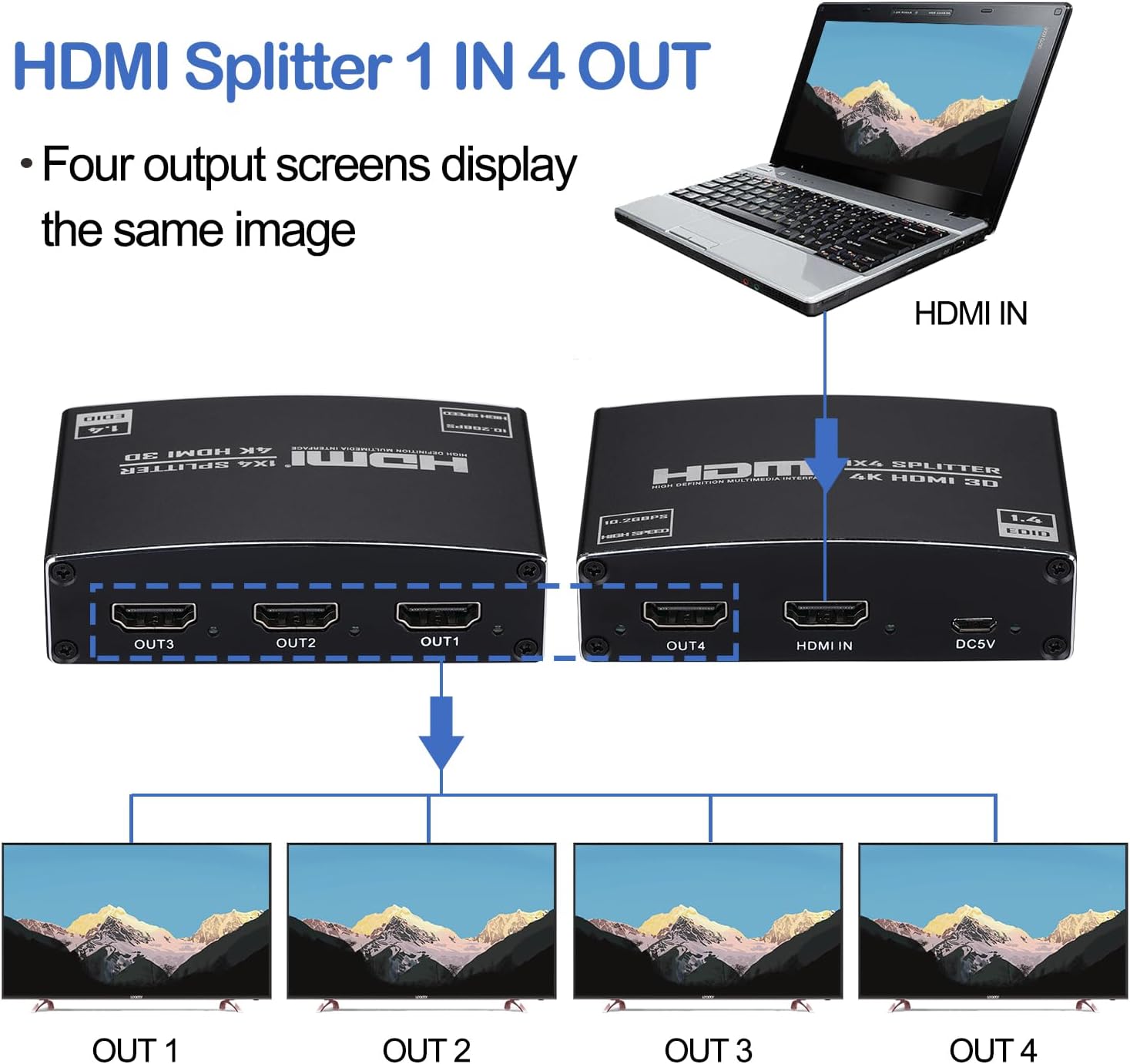 HDMI Splitter 1 in 4 Out, 1x4 HDMI Splitter Audio Video Distributor Box Support 3D & 4K x 2K Compatible for HDTV, STB, DVD, PS3, Projector -EX47-A-0-BK