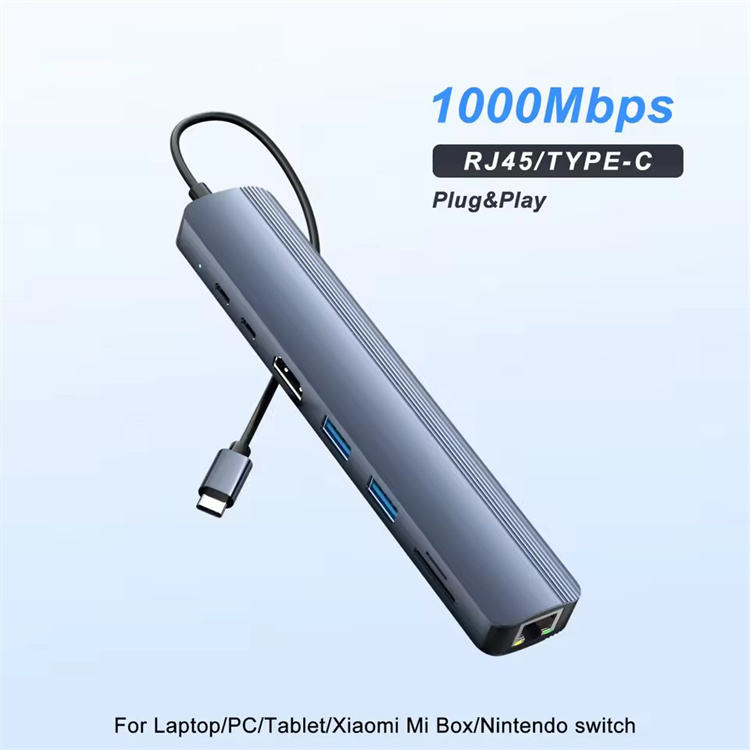 8-in-1 USB C Hub Multiport Adapter , Multiple Ports Dongle Dock with 4K@60Hz HDMI, 1000Mbps RJ45 Ethernet,100W PD, 2xUSB-A 3.0, USB-C Data Port, SD/TF Card Reader for Laptop MacBook Air/Pro-UH08-27-A-0.12-SY