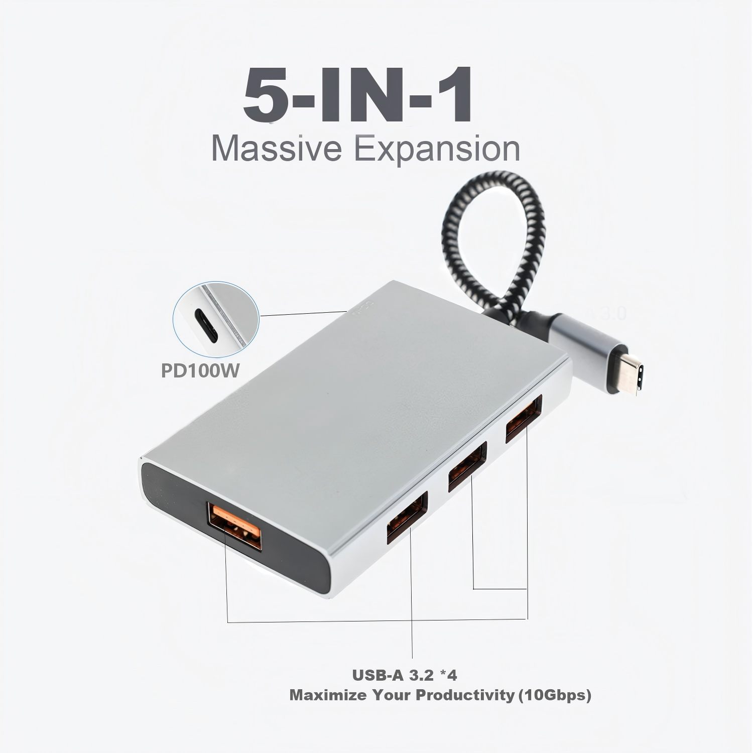 USB C Hub, 5 Ports USB 3.2 HUB with 4 USB-C 3.2 and PD100W Fast-Charging Port for MacBook Pro, MacBook Air, Acer Laptops, HP Laptops, iPad Pro More.
