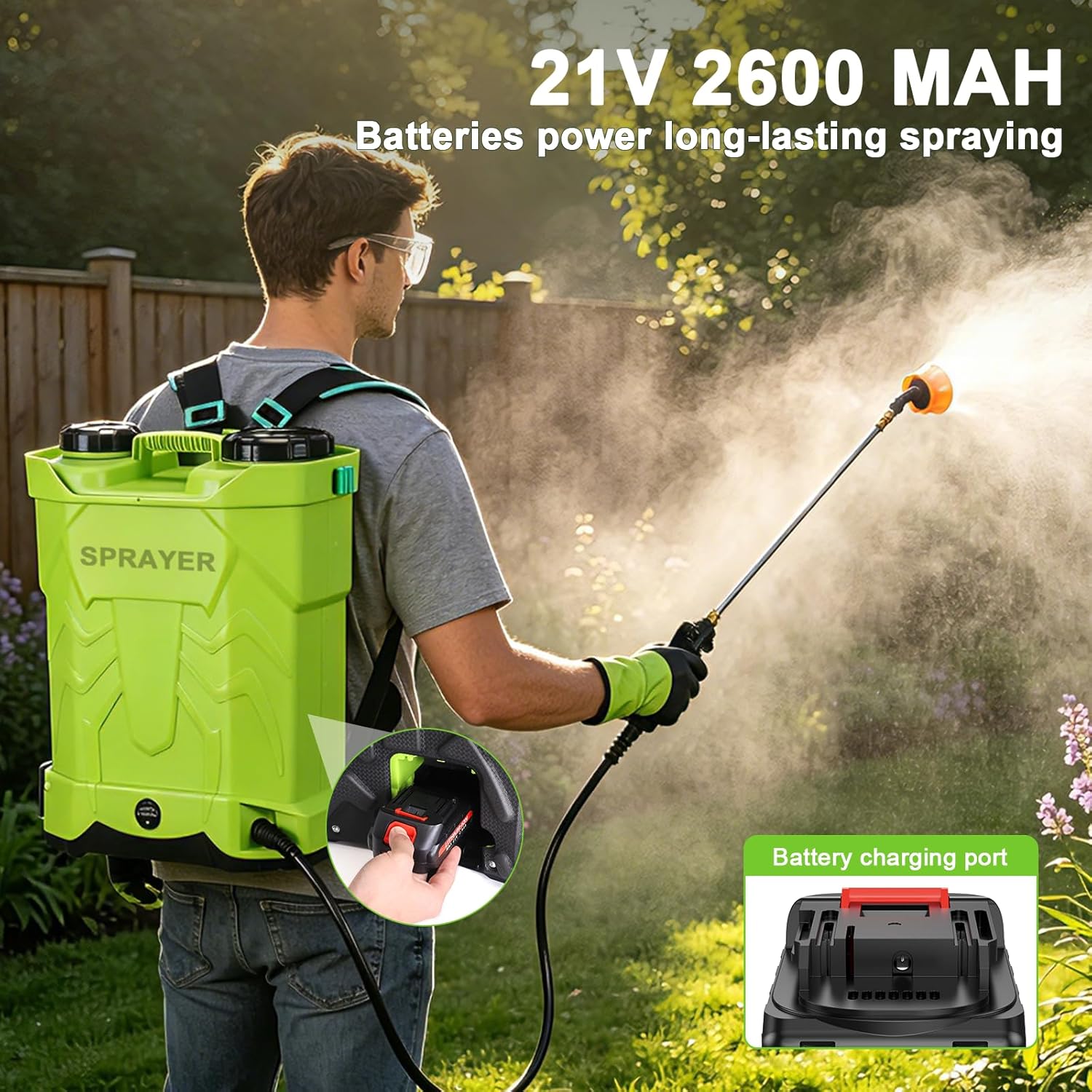 Battery Powered Backpack Sprayer 5.3 Gallon,Electric Garden Sprayer with 100 PSI Adjustable Pressure, Rechargeable 21V 2.6Ah Battery,8 Nozzles (Includes Telescopic Wand) for Lawn,Yard,Garden