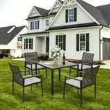 5 Piece Patio Dining Table Set, All Weather Outdoor Conversation Furniture, 4 Wicker Chairs with Cushions, Acacia Wood Square Table Top with Umbrella Hole, for Garden Backyard, Brown