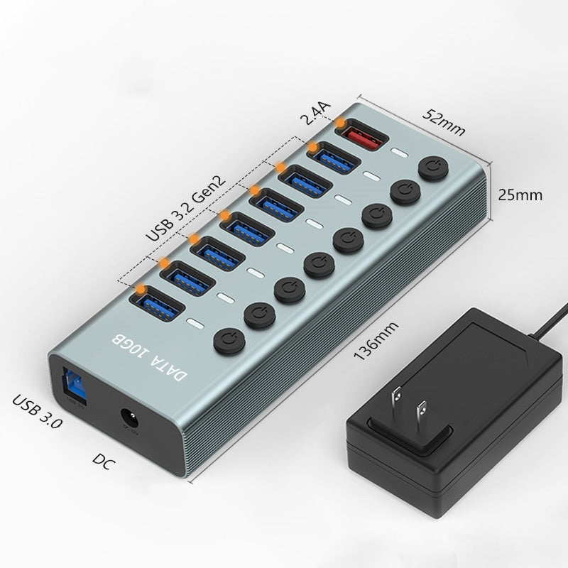 USB 3.2 Gen 1 Hub, 7 Ports + 1 x Quick Charging Port, On/Off Switch, Aluminium
