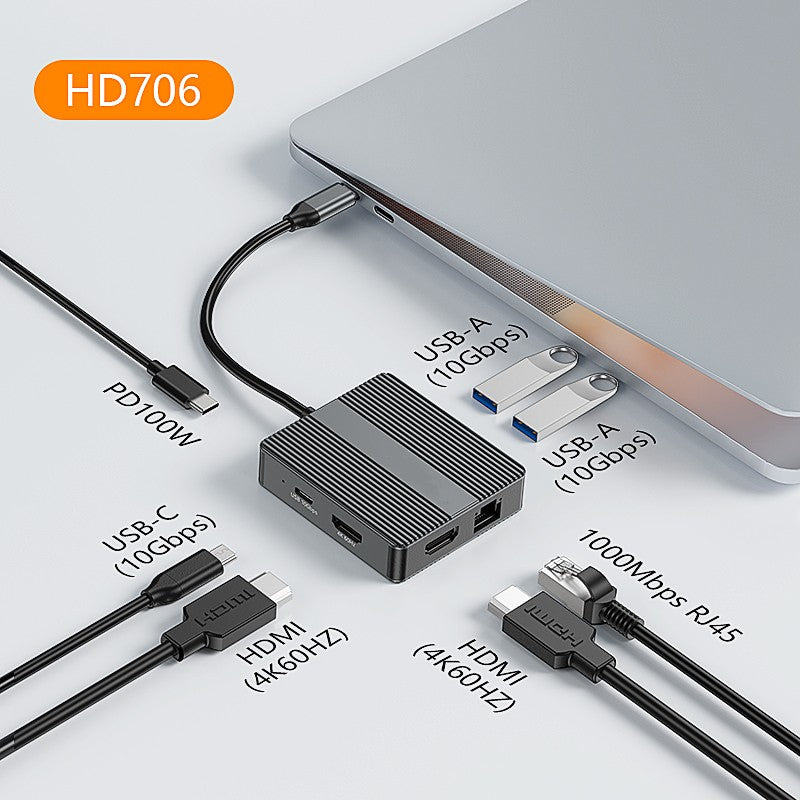 7 IN 1 USB-C HUB Adapter,Type C Laptop Docking Station with USB-A 10Gbps 4K 60Hz HDTV 1000M RJ45 Ethernet PD 100WFast Charging Converter-UH07-16-A