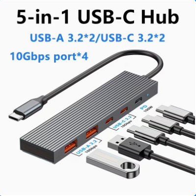 5-in-1 USB-C Hub, PD100W,Dual 10Gbps USB-A 3.2 Data Ports, Dual 10Gbps USB-C 3.2 Data Ports, PD 100W Charging Port, Aluminum Alloy Stripe Design Compact and Portable compatible with Windows, Mac OS, and Android systems.-UH05-0001