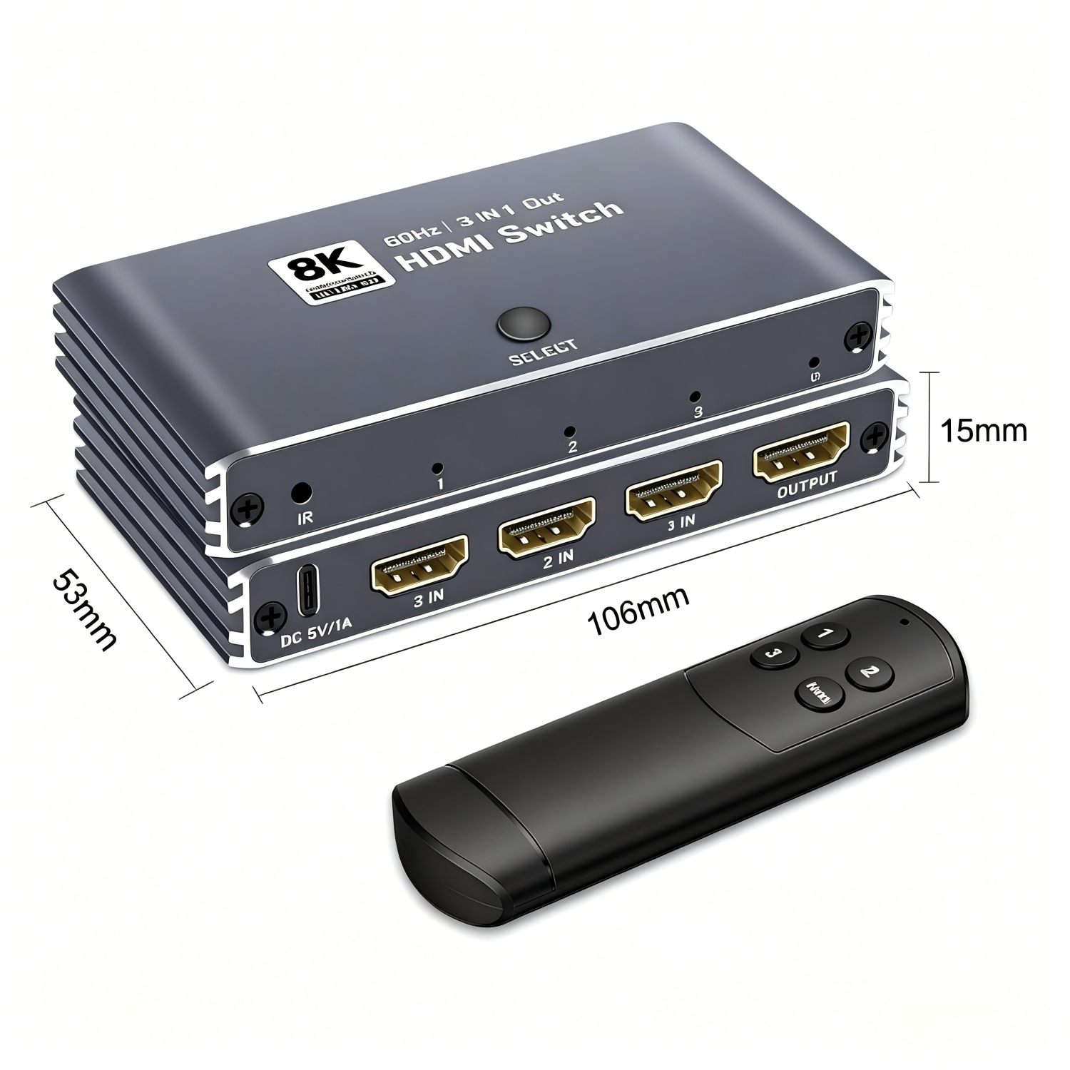 8K HDMI 2.1 Switch, HDMI 2.1 Switcher 3 In 1 Out Supports CEC 8K@60Hz, 4K@240Hz, 1080P@480Hz HDCP 2.3 HDR Dolby Atmos VRR Compatible with PS5 Xbox Blu-Ray Player with IR remote controller