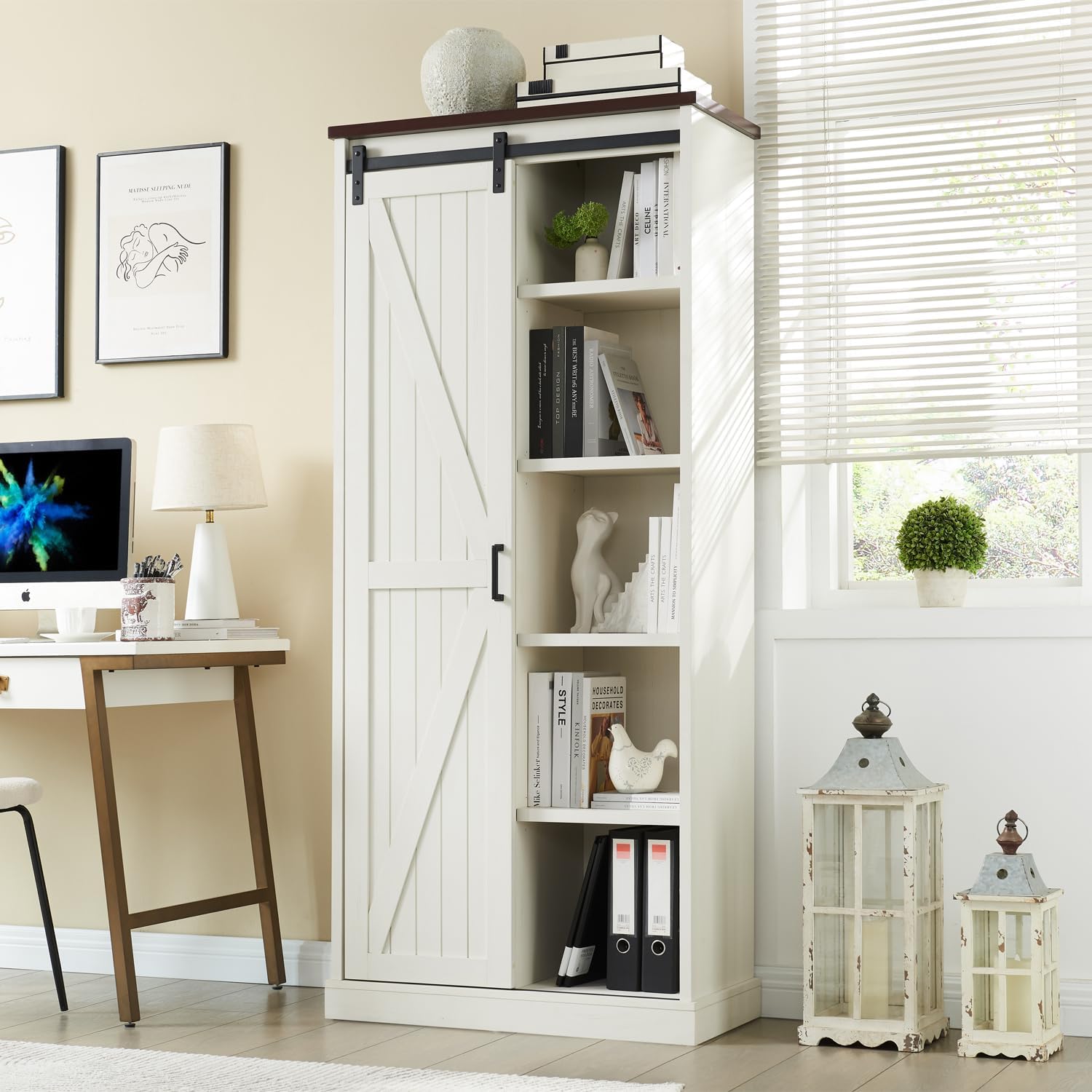32” Wide Large Modern Wooden Bookcase with Sliding Barn Door, 72” Tall Farmhouse Bookshelf, 5 - tier Display Cabinet with Adjustable Shelves, Storage Cabinet for Living Room, Bedroom - QGeeM