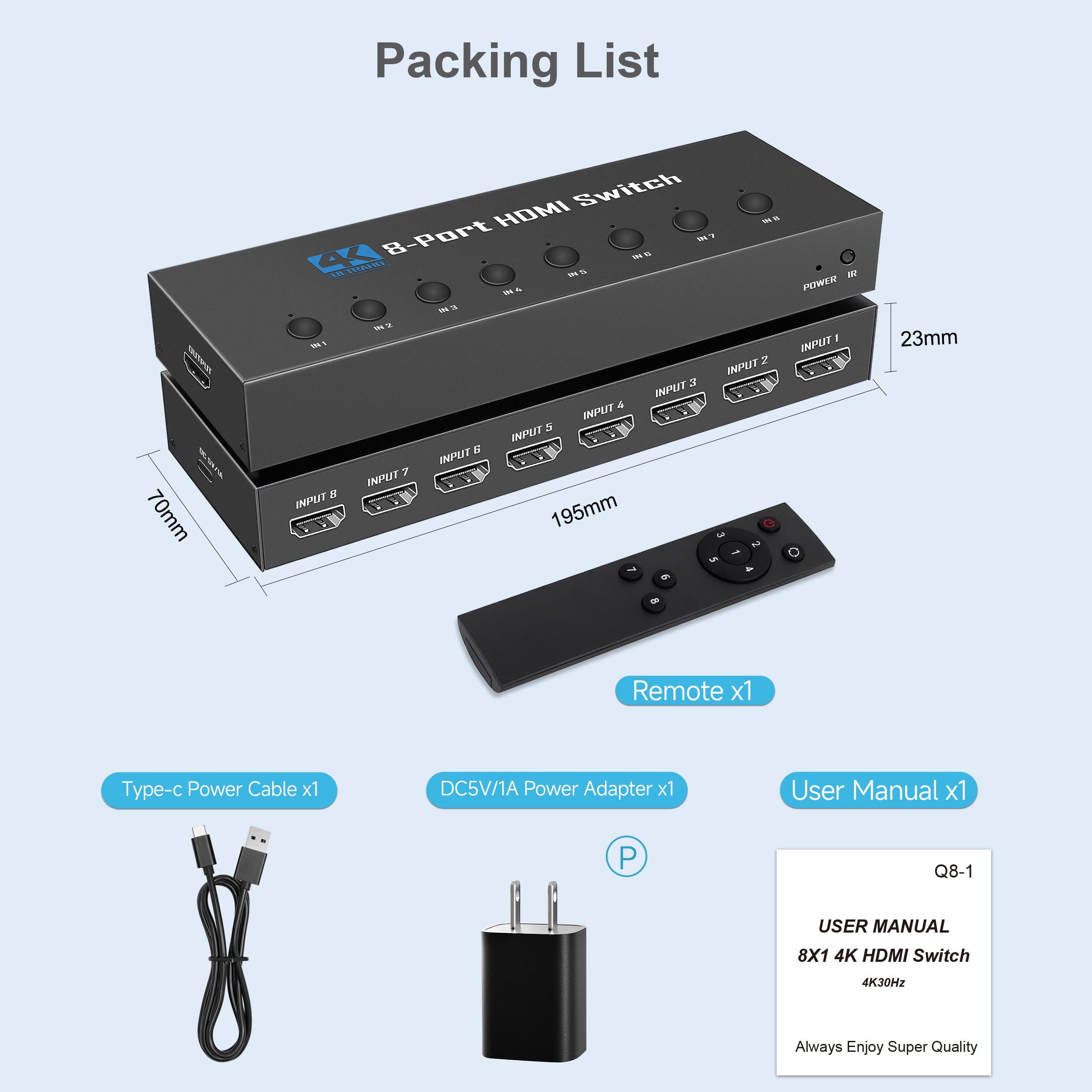 HDMI 1.4 Switch, 4K@30Hz HDMI Switcher 8 in 1 Out with IR Remote, 8 Port HDMI Selector Box Support HDMI 1.4, suitable for computers, notebooks, HD-DVD, SKY-STB, PS3/4/5, Xbox 360 and other devices-EX48-A-0-BK(OZQ8-1)