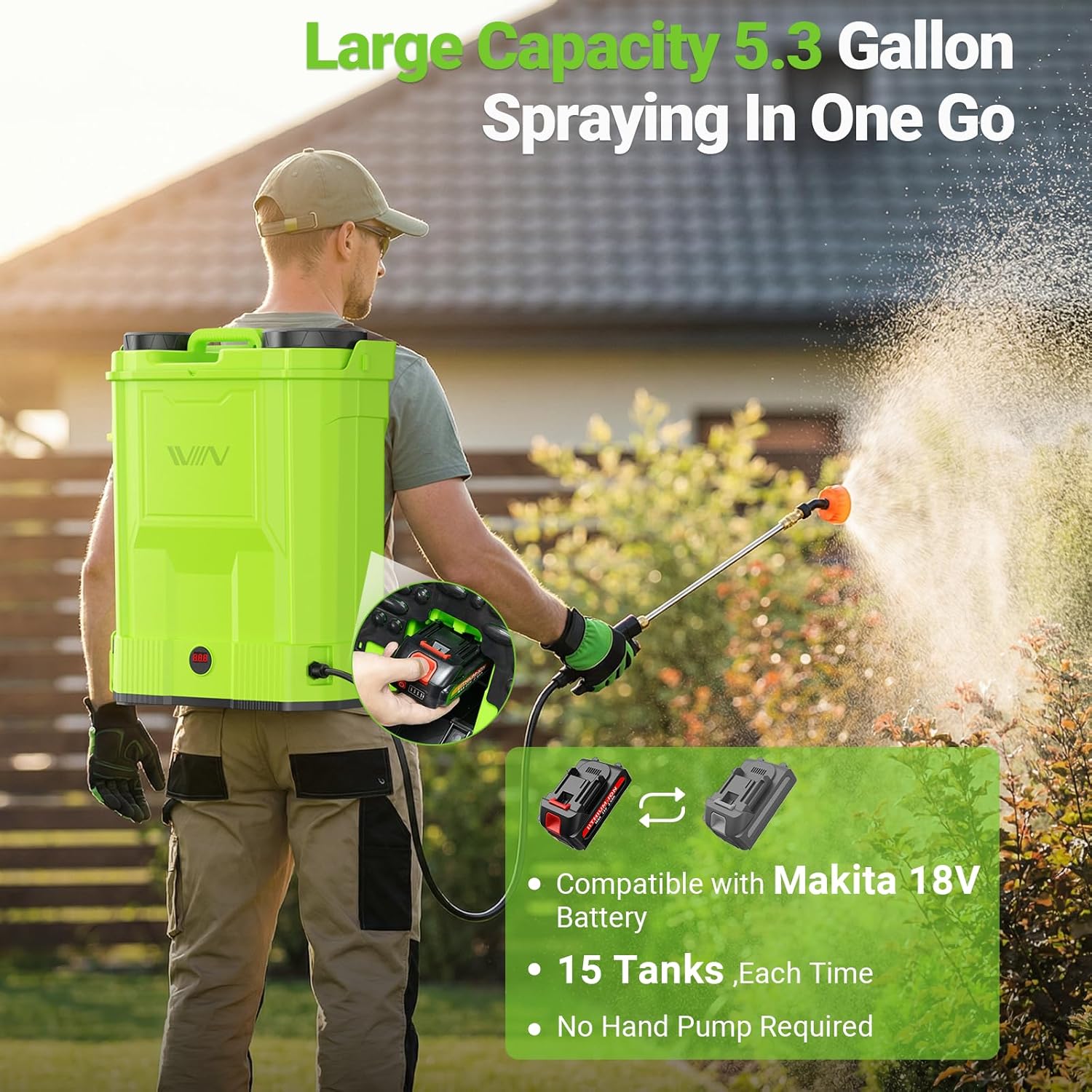 Battery Powered Backpack Sprayer,5.3 Gallon Large Capacity Electric Graden Sprayer,100 PSI Adjustable Pressure Sprayer Compatible with 21V 2.6Ah Battery,Electric Sprayer with Telescopic Wand,8 Nozzles