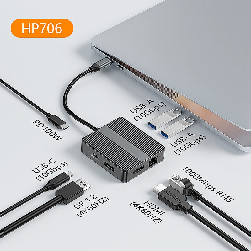 7 IN 1 USB-C HUB Adapter,Type C Laptop Docking Station with USB-A 10Gbps 4K 60Hz HDTV 1000M RJ45 Ethernet PD 100WFast Charging Converter-UH07-16-A