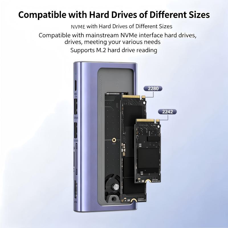 5-In-1 USB-C Hub Docking Station with USB3.2*2(10Gbps) /  PD100W / 4K@60HZ /1000M RJ45 Ethernet / M.2 NVMe&SATA SSD Case Multi-ports Splitter Adapter for Tablet Laptop Phone-UH05-0003