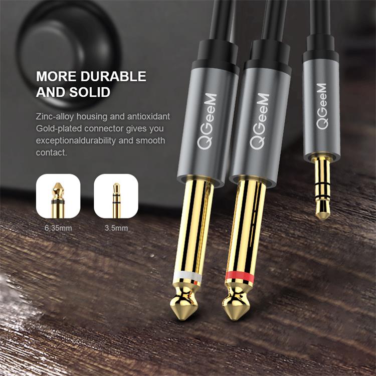 QGeeM 3.5mm to Dual 6.35mm Y Splitter Cable , 1/8 TRS to 1/4 TS Cable for Laptop Mixer Speaker Connection Gray --AU01-A