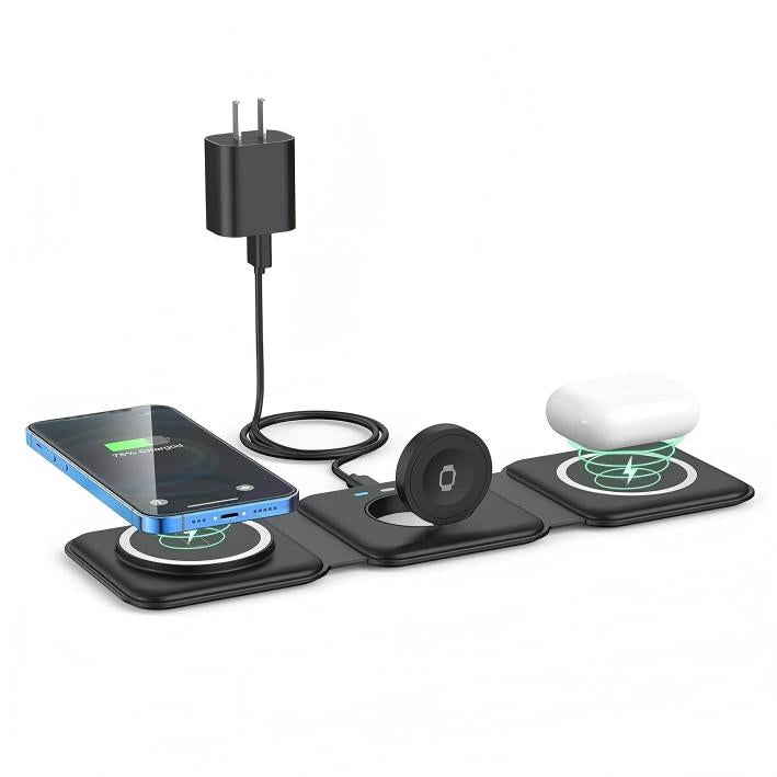 Wireless Charger 3 in 1,RTOPS Magnetic Travel Wireless Charging Station Multiple Devices,GaN 3 in 1 Charging Station,Compatible for iPhone16/15/14/13/12/Pro/Max,iWatch,AirPods 3/2/Pro(Adapter Includes)