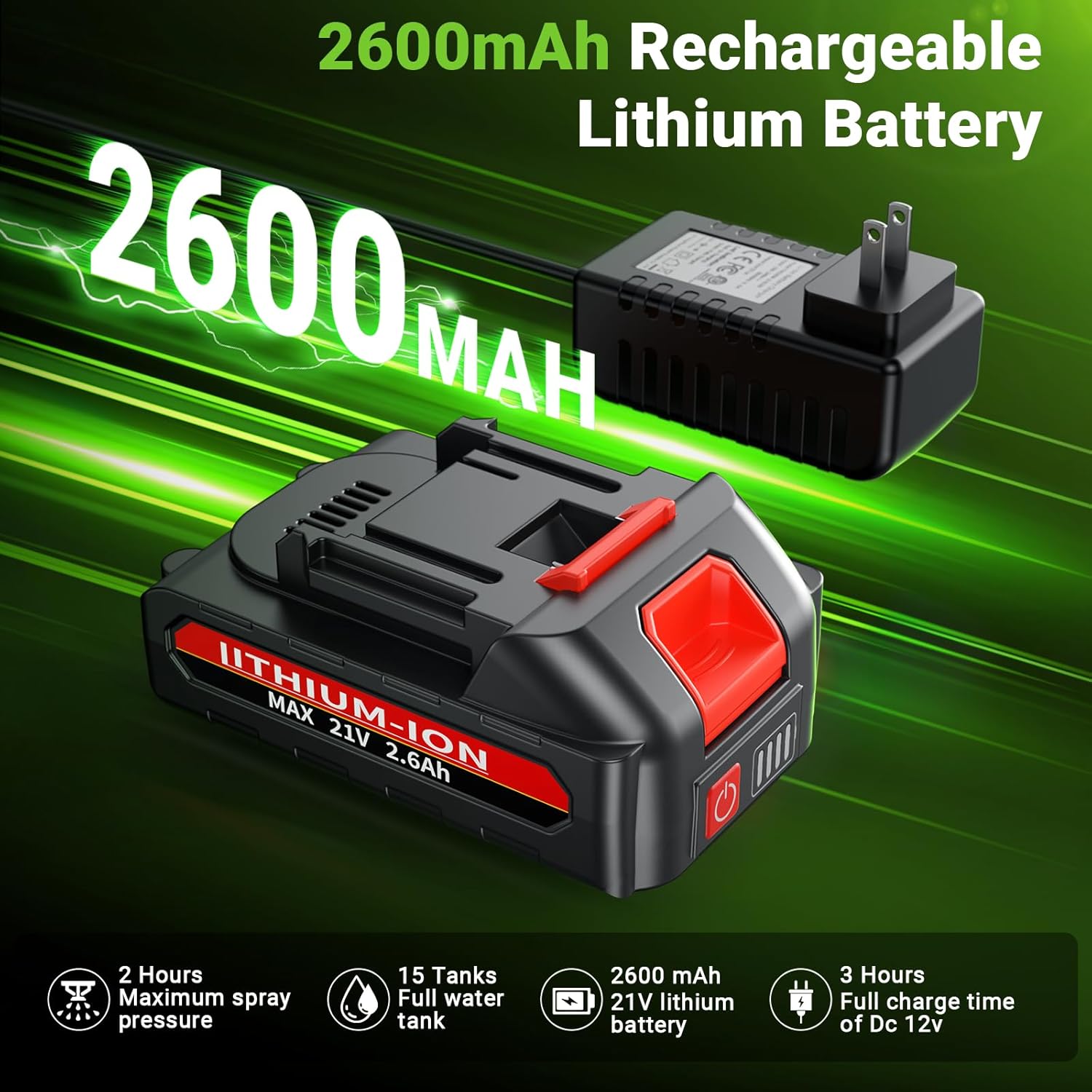 Battery Powered Backpack Sprayer,5.3 Gallon Large Capacity Electric Graden Sprayer,100 PSI Adjustable Pressure Sprayer Compatible with 21V 2.6Ah Battery,Electric Sprayer with Telescopic Wand,8 Nozzles