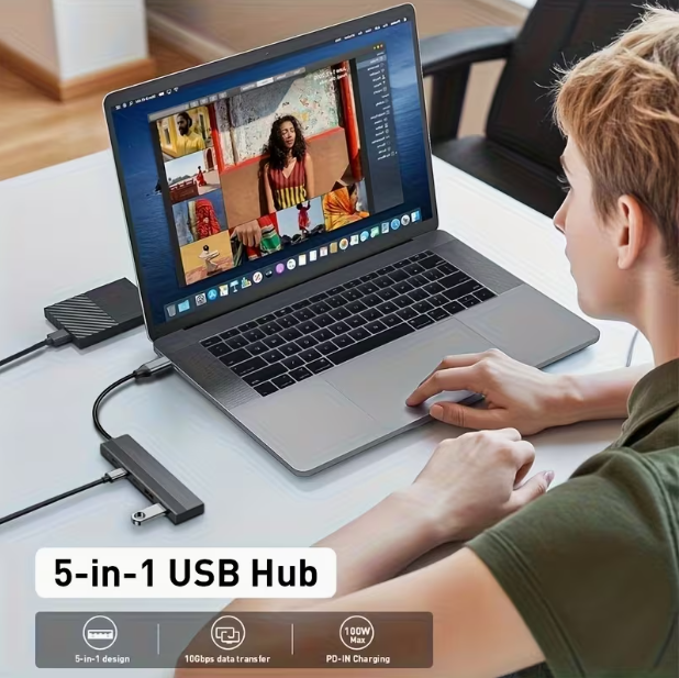 5-in-1 USB-C Hub, PD100W,Dual 10Gbps USB-A 3.2 Data Ports, Dual 10Gbps USB-C 3.2 Data Ports, PD 100W Charging Port, Aluminum Alloy Stripe Design Compact and Portable compatible with Windows, Mac OS, and Android systems.-UH05-0001