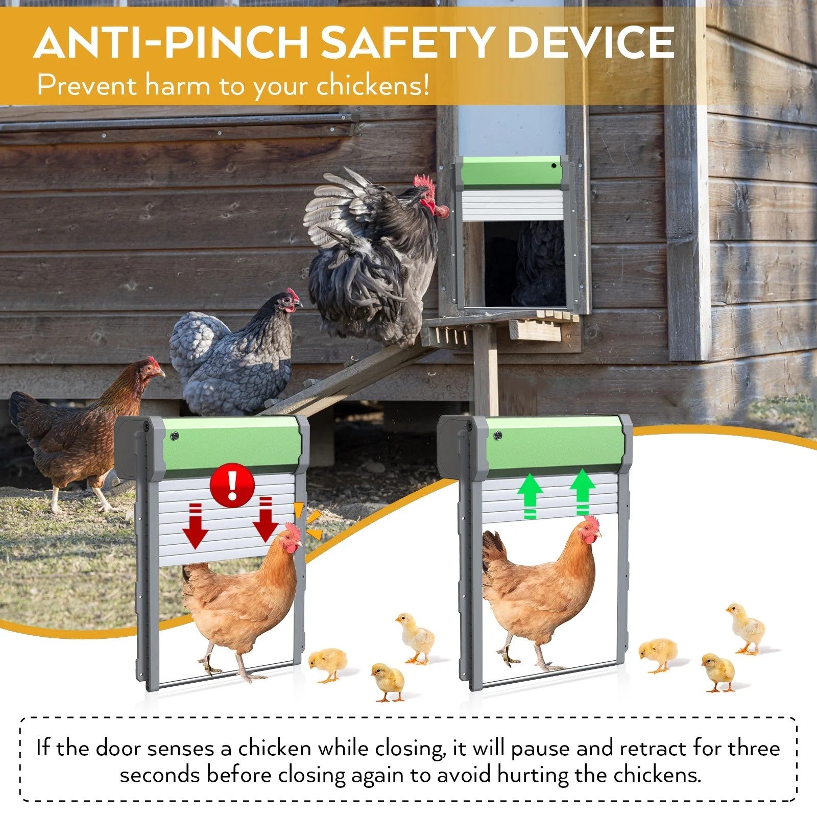Automatic Chicken Coop Door Solar Powered, 4 Modes Battery Powered Auto Chicken Door with Timer & Light Sensor, Remote Control, Aluminum Roller Shutter Door Look, Anti-Pinch Design
