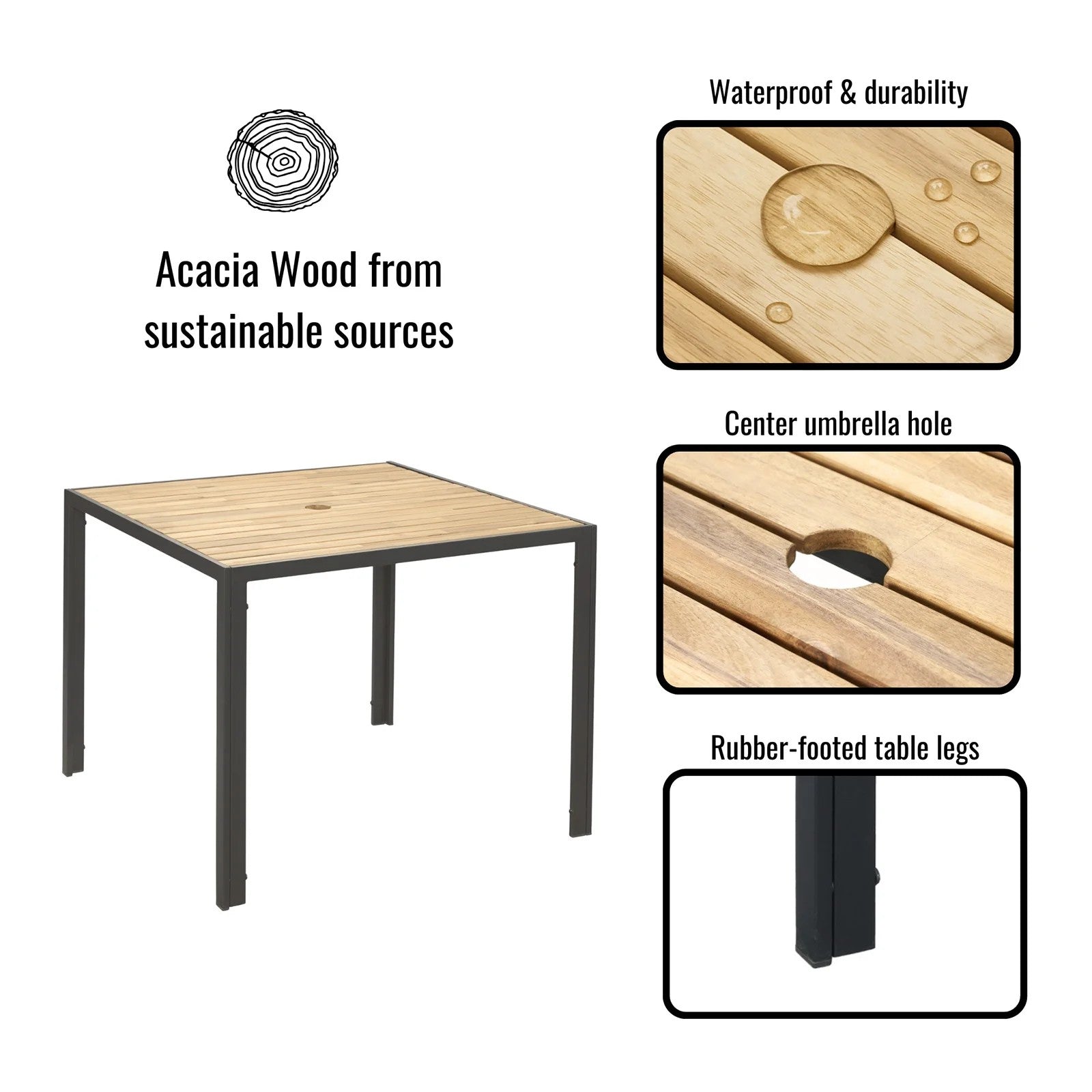 5 Piece Patio Dining Table Set, All Weather Outdoor Conversation Furniture, 4 Wicker Chairs with Cushions, Acacia Wood Square Table Top with Umbrella Hole, for Garden Backyard, Brown