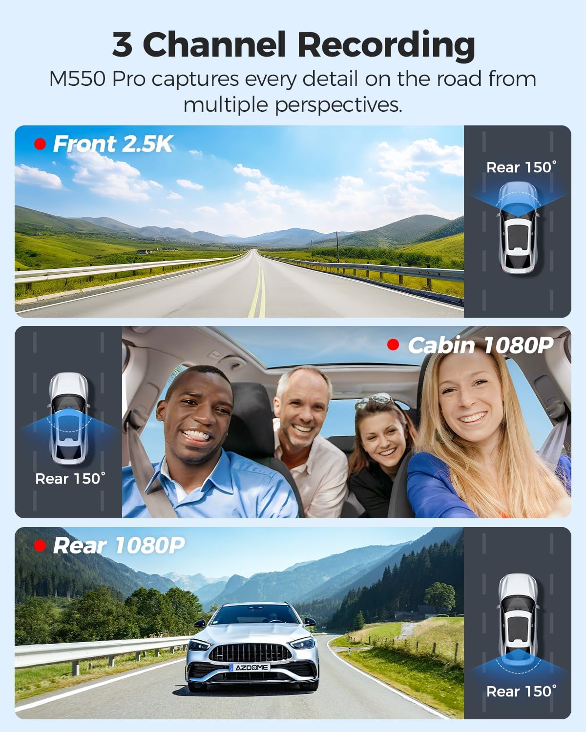M550 Pro 5G WiFi 3 Channel Dash Cam Built-in GPS, 4K Dual Dash Camera Front and Rear with 64GB Card, 2.5K+1080P+1080P Triple Car Camera, 3.19" IPS Screen, IR Night Vision, 24H Parking Mode