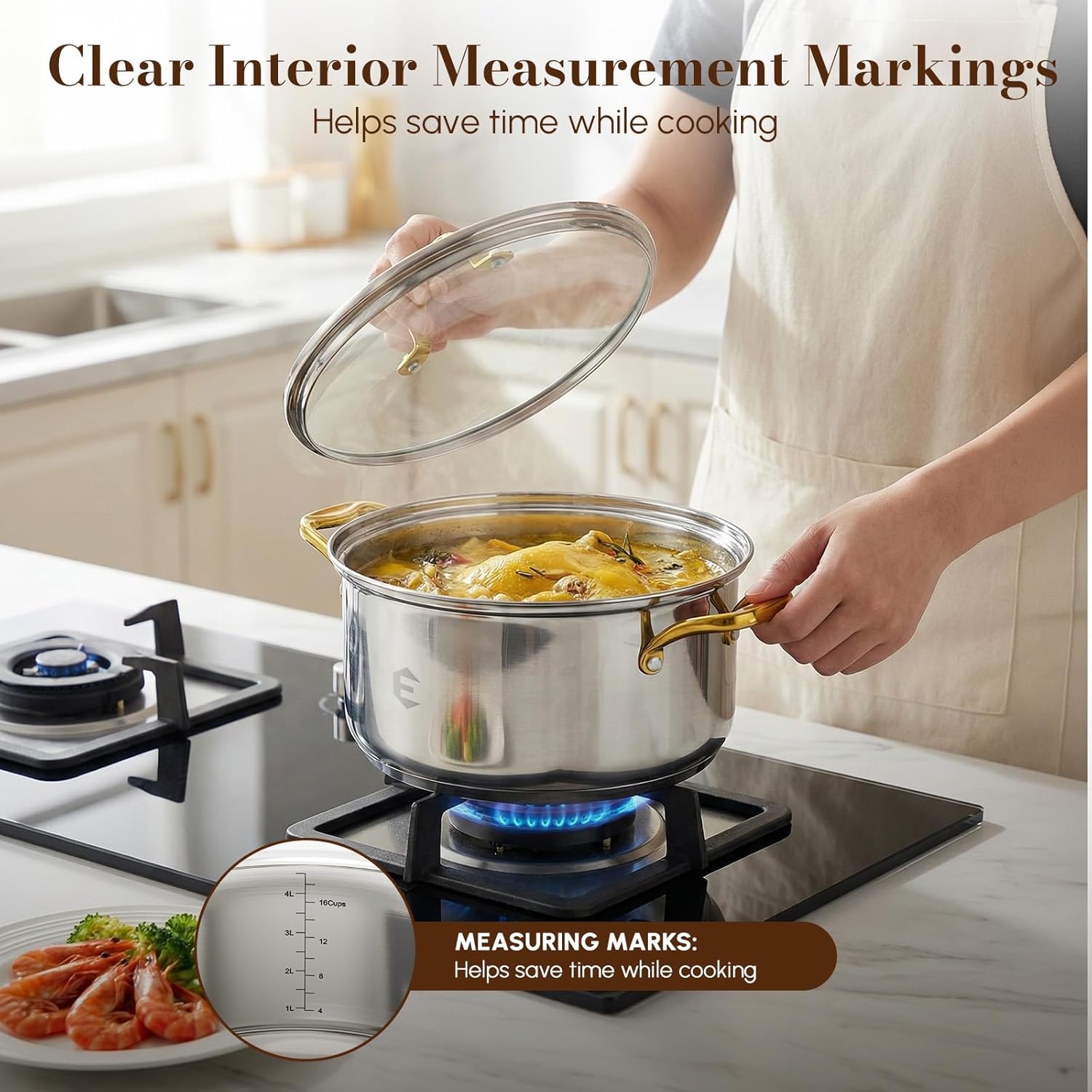 Stainless Steel Cookware Set, Tri-Ply Pots and Pans Set, 26 Piece Kitchen Cooking Utensils Set with Lids, Gold Grip Handles, Induction, Oven, Non-Toxic, Dishwasher Safe, Professional Chef Quality
