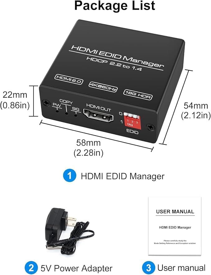 4K 60Hz HDMI 2.0 EDID Manager Emulator Copier ,8 Preset EDID Modes, 18Gbps HDR HDCP 2.2 to 1.4 Compatibility Fix for Laptop TV Projector-EX58-A-0-BK-V1-S1