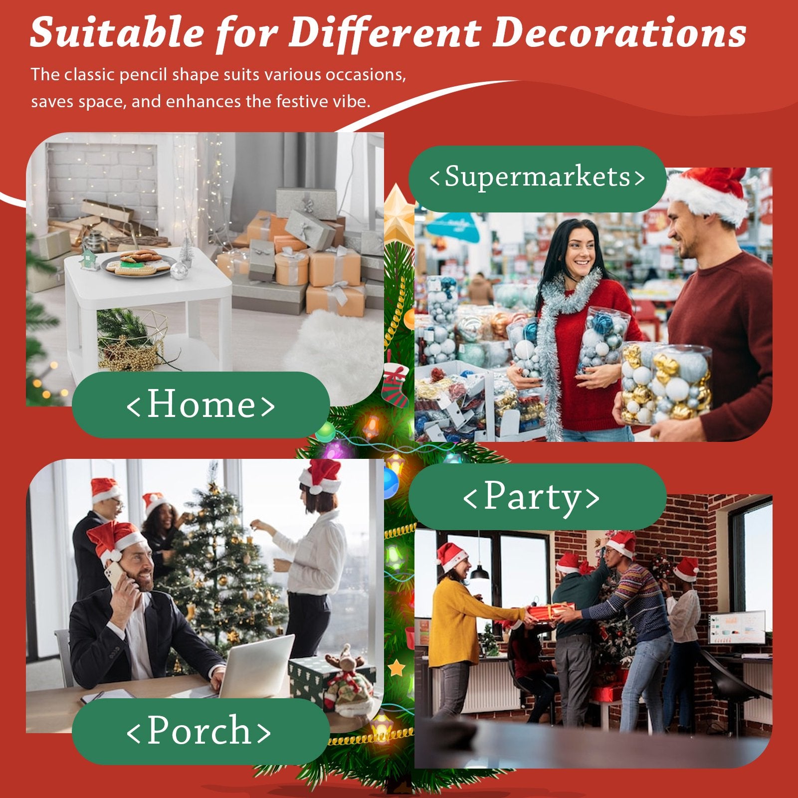 Pre-lit Christmas Tree with 250 Warm LED Lights, iCapeson 6ft Pencil Artificial with Partially Flocked & Frosted Slim Holiday Tree Decoration, 37 Pine Cones, 595 Branch Tips, Metal Stand