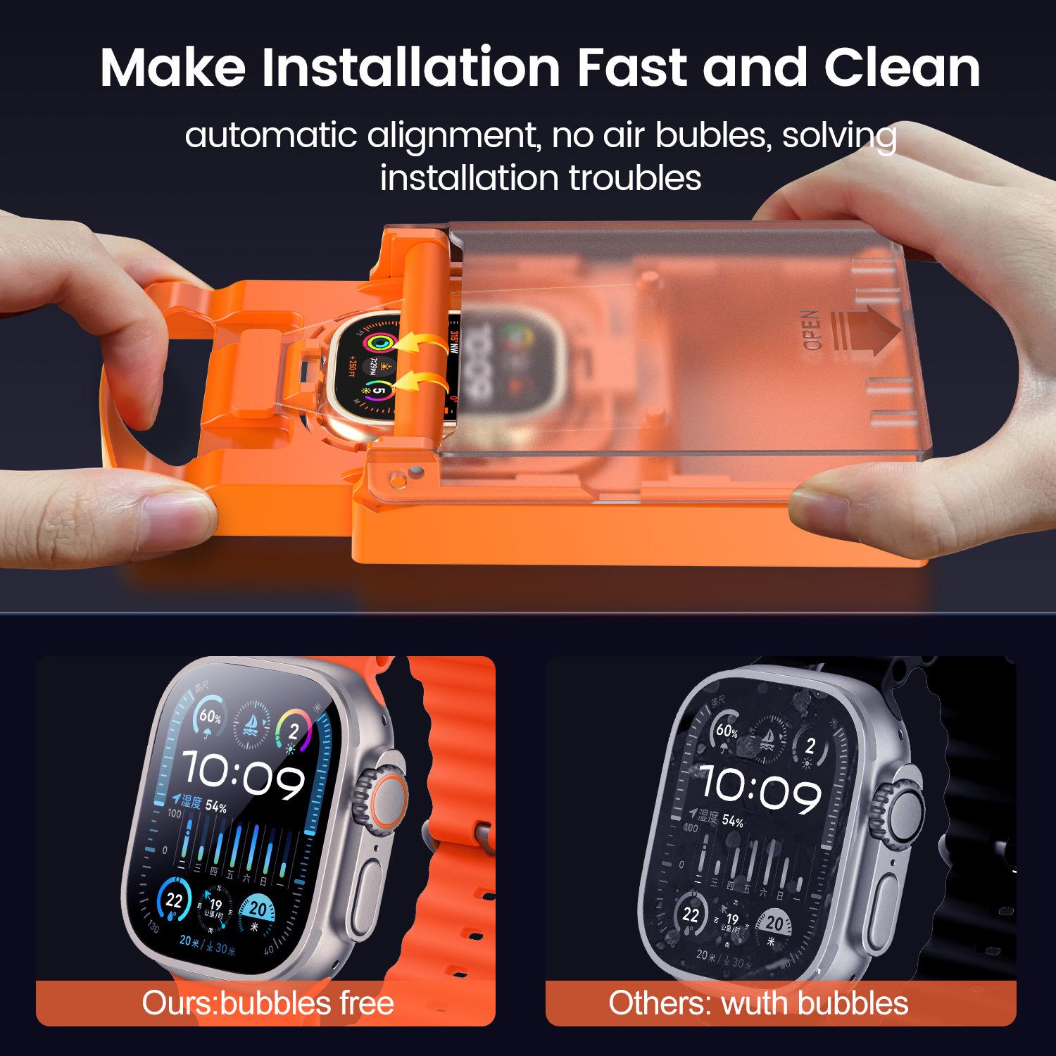 Suitable for Apple Watch Series 6 / 5 / 4 / SE 44mm 2-piece package. Dust-proof and dust-proof protective film kit with anti-drop and anti-dirt feature. Screen-printed tempered film (transparent + black border)