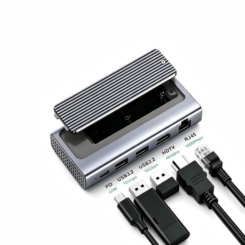 5-In-1 USB-C Hub Docking Station with USB3.2*2(10Gbps) /  PD100W / 4K@60HZ /1000M RJ45 Ethernet / M.2 NVMe&SATA SSD Case Multi-ports Splitter Adapter for Tablet Laptop Phone-UH05-0003