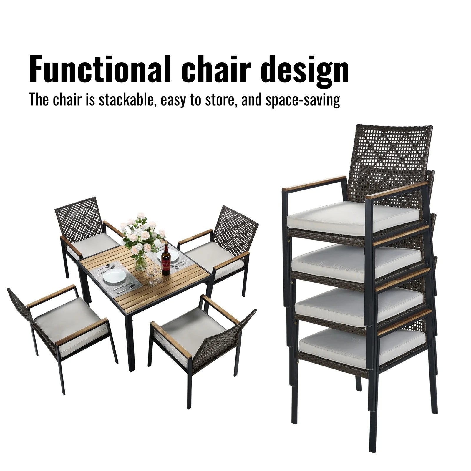 5 Piece Patio Dining Table Set, All Weather Outdoor Conversation Furniture, 4 Wicker Chairs with Cushions, Acacia Wood Square Table Top with Umbrella Hole, for Garden Backyard, Brown