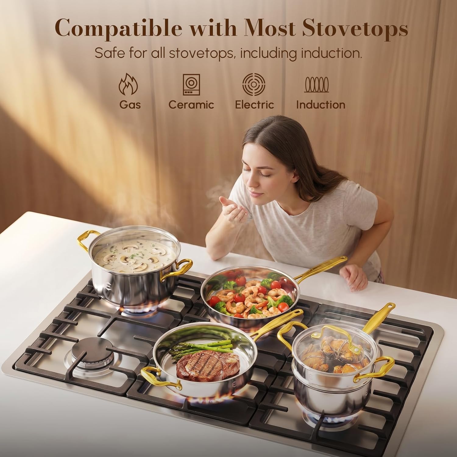 Stainless Steel Cookware Set, Tri-Ply Pots and Pans Set, 26 Piece Kitchen Cooking Utensils Set with Lids, Gold Grip Handles, Induction, Oven, Non-Toxic, Dishwasher Safe, Professional Chef Quality