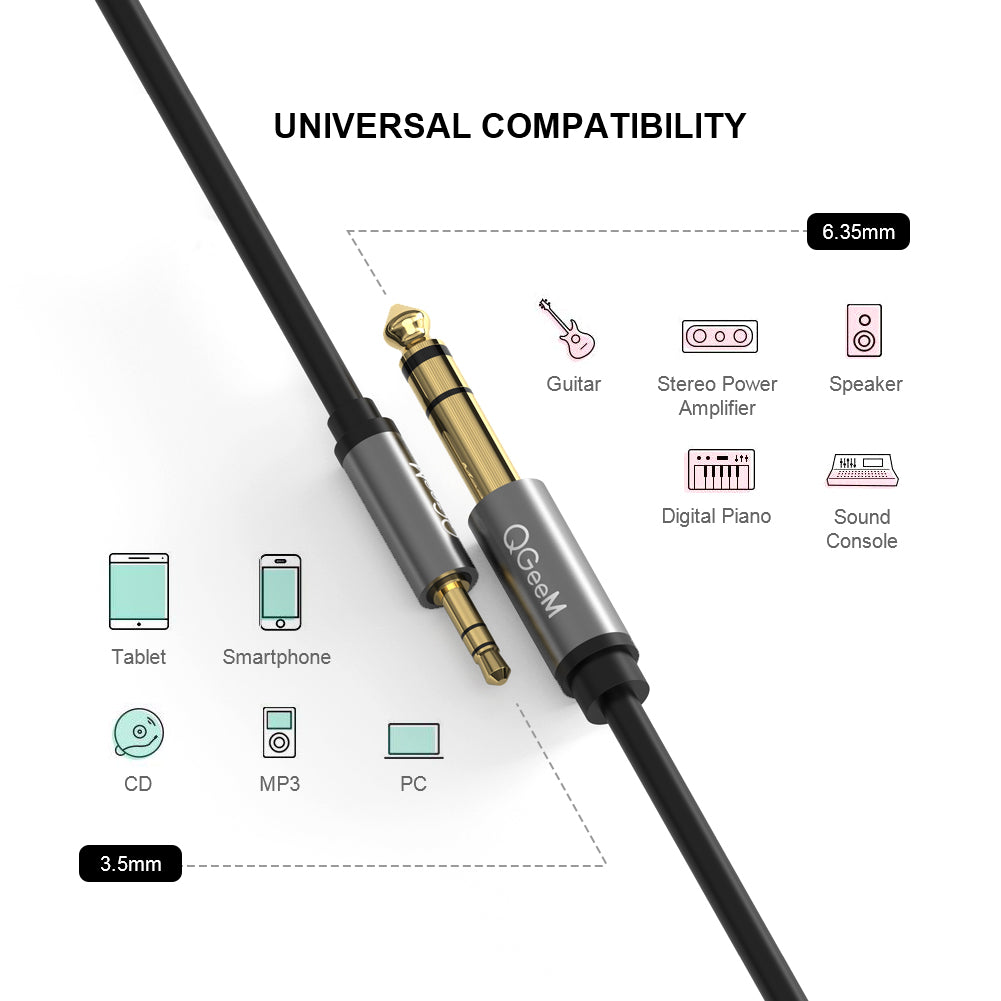 QGeeM 3.5mm 3 pole/M to 6.35 stereo/M Audio Cable TRS Stereo Audio Cable (8 Feet), Headphone Adapter 1/8 to 1/4 Adapter for Guitar, Piano, Amplifiers, Home Theater Devices, or Mixing Console -AU02-A
