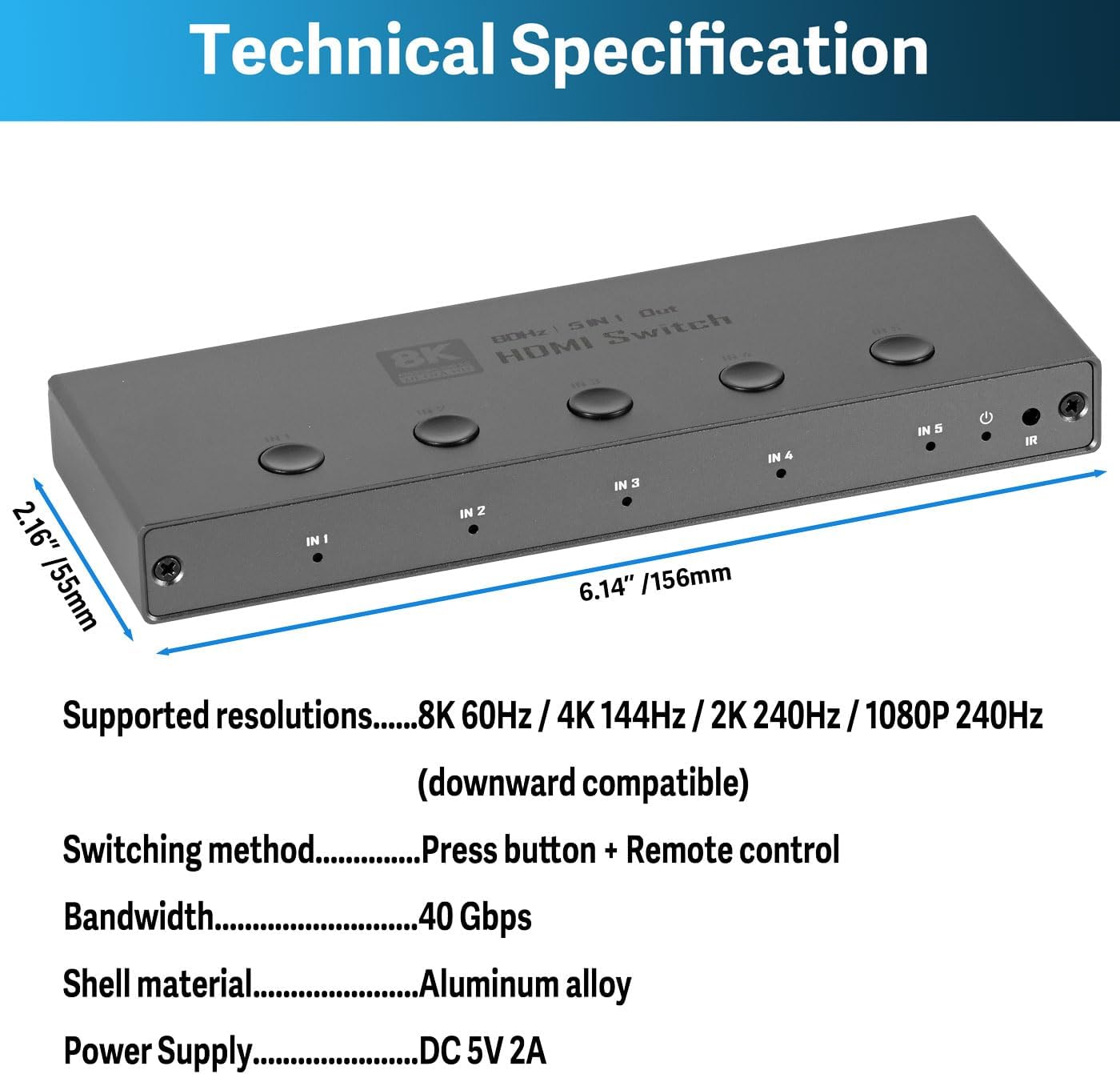 8K60Hz HDMI Switch 5 in 1 Out, Support 8K@60Hz 4K@120Hz 1080P @240Hz, HDR10, VRR, HDCP 2.3, Dolby Atmos, DTS X, CEC, Compatible with PS5/4, Xbox, Nintendo Switch, Roku, Apple TV-EX42-A-0-BK