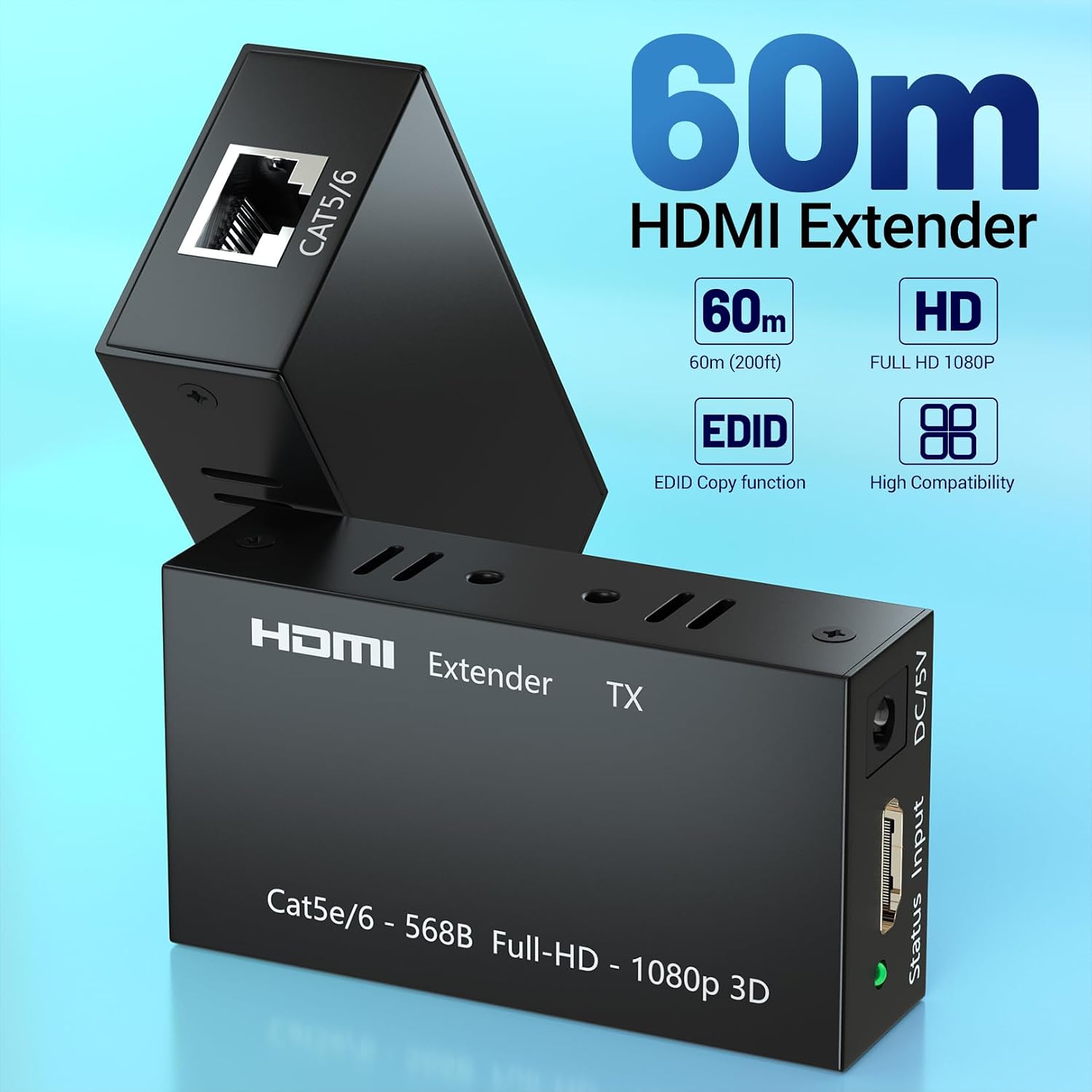 HDMI Extender Up to 60 Meters(196ft), Transmitter and Receiver Over Ethernet LAN, HDMI to Ethernet Repeater-EX01-A-60-BK