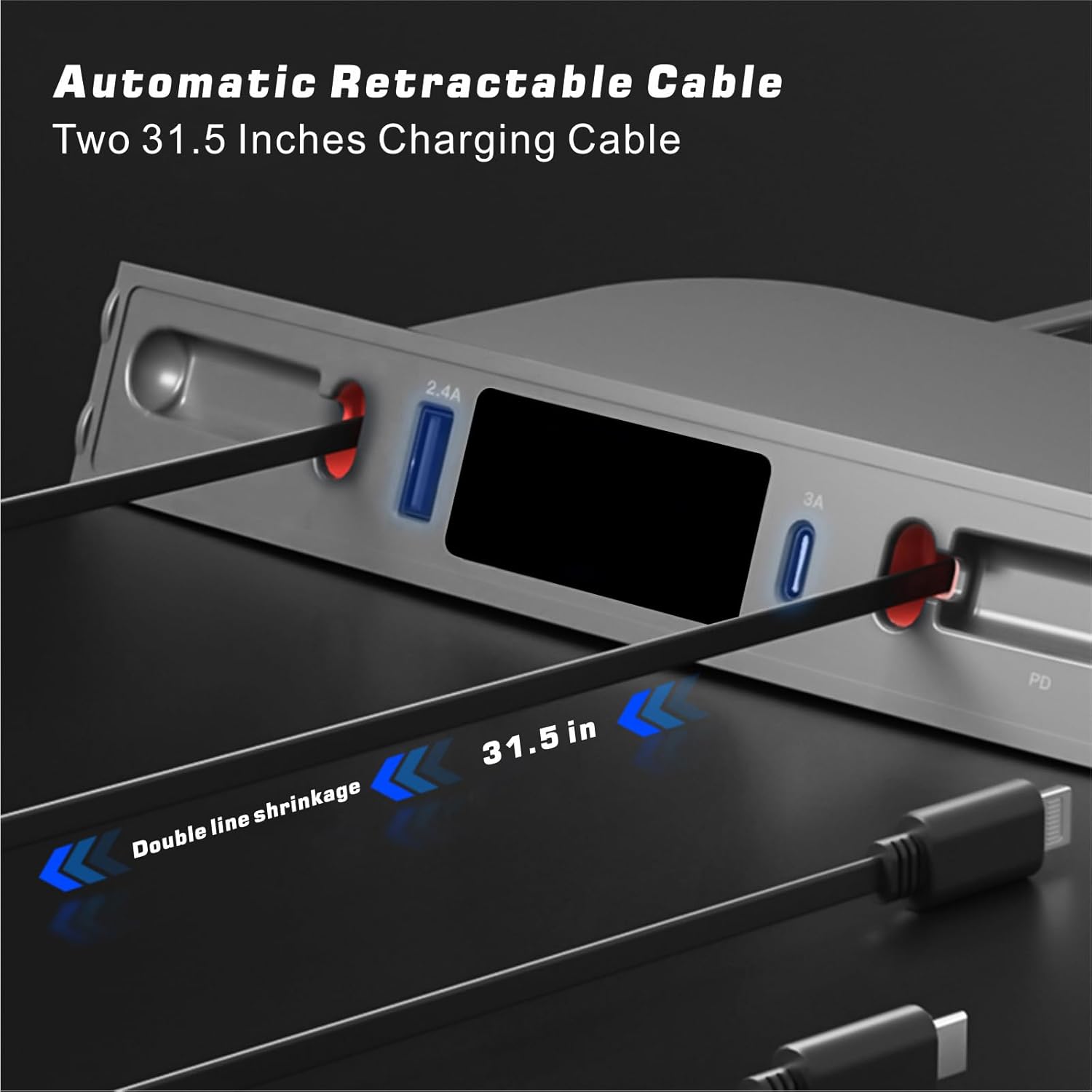 New Upgraded Docking Station with 2 Retractable Charging Cables, Support 27W PD Fast Charging, Car USB Hub Charger Multi Port for 2021 2022 2023 Tesla Model 3/Y, LED Lighting (PD+Type C)