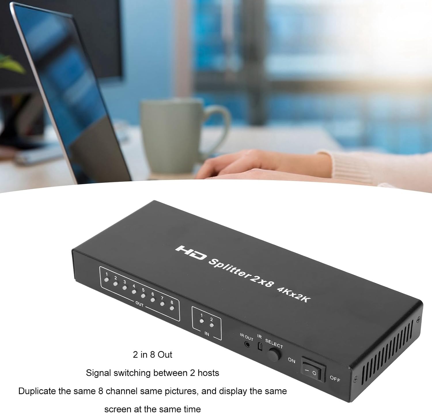 4K HDMI Switch 2 in 8 Out, Automatic HDMI Switcher Splitter with Remote Control, 3 Switching Modes, Aluminium HDMI Video Selector Box for Desktops TVs Laptops Set Top Boxes Games-XHS0208