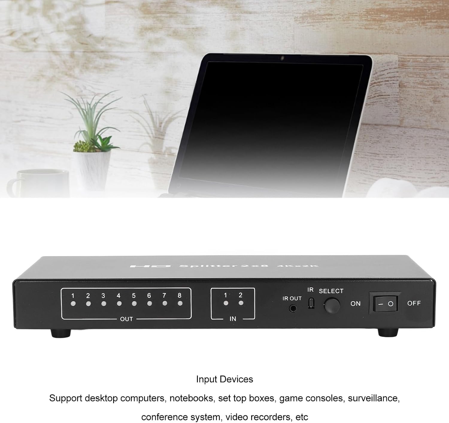 4K HDMI Switch 2 in 8 Out, Automatic HDMI Switcher Splitter with Remote Control, 3 Switching Modes, Aluminium HDMI Video Selector Box for Desktops TVs Laptops Set Top Boxes Games-XHS0208
