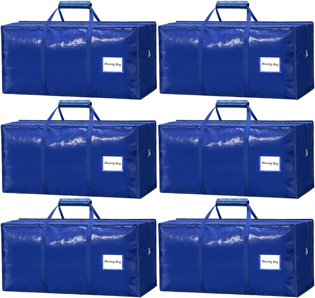 6 Pack Heavy Duty Moving Bags with Padded Wrap Around Handles-Strengthened Zipper Extra Large Storage Totes for Moving Boxes, Clothes, Bedding, Holiday Décor & Home Storage