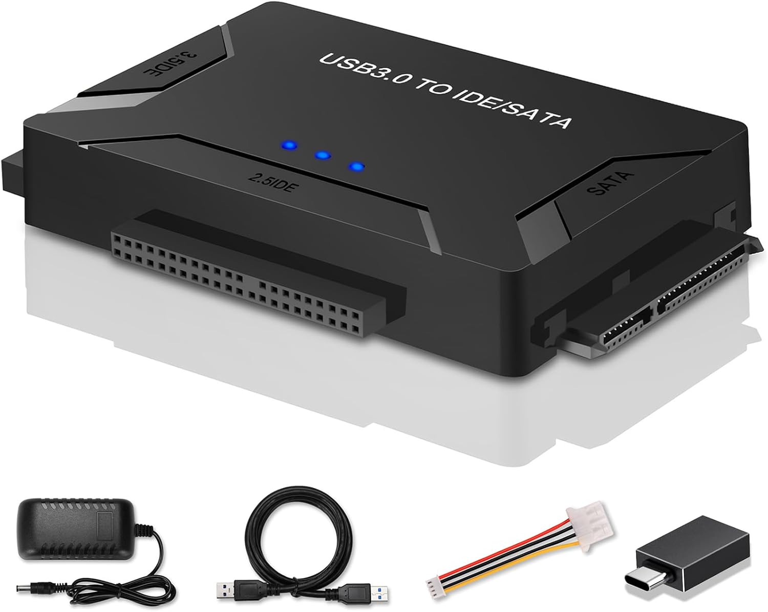 Hard Drive Reader USB 3.0 & Type C to SATA IDE Adapter, Data Transfer Kit Recovery Converter with 12V/2A Power for 2.5"/3.5" SATA/IDE HDD SSD Hard Disk Internal Blu-ray Drive, up to 20TB--ST01