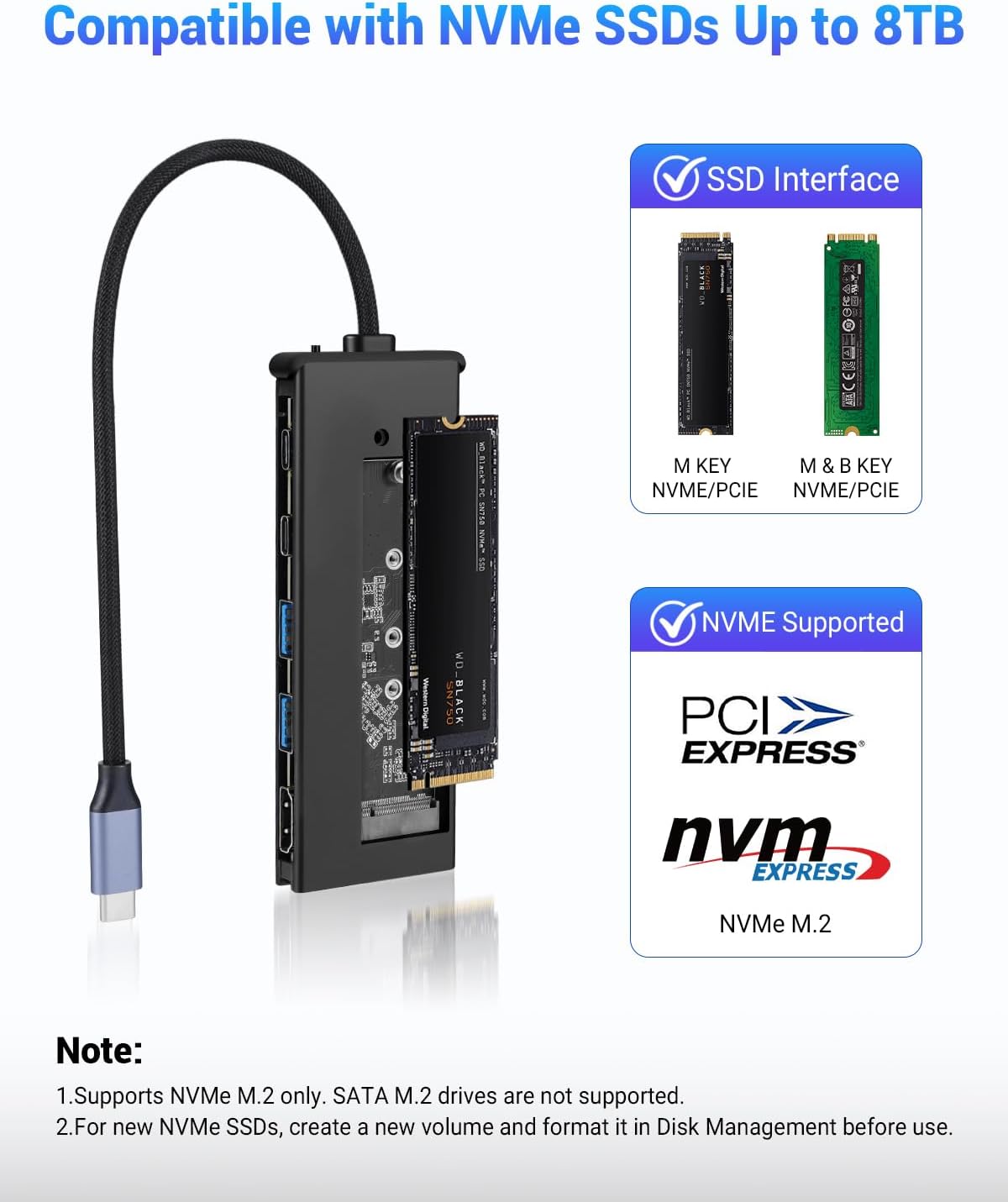6 in 1 type-C Hub with M.2 NVMe SSD Enclosure, USB 3.2 10Gbps Ports, PD 100W , 4K@60Hz HDMI, High Speed USB NVMe Adapter, M.2 SSD Enclosure, Adapter for MacBook Pro/Air, Dell XPS-UH06-003