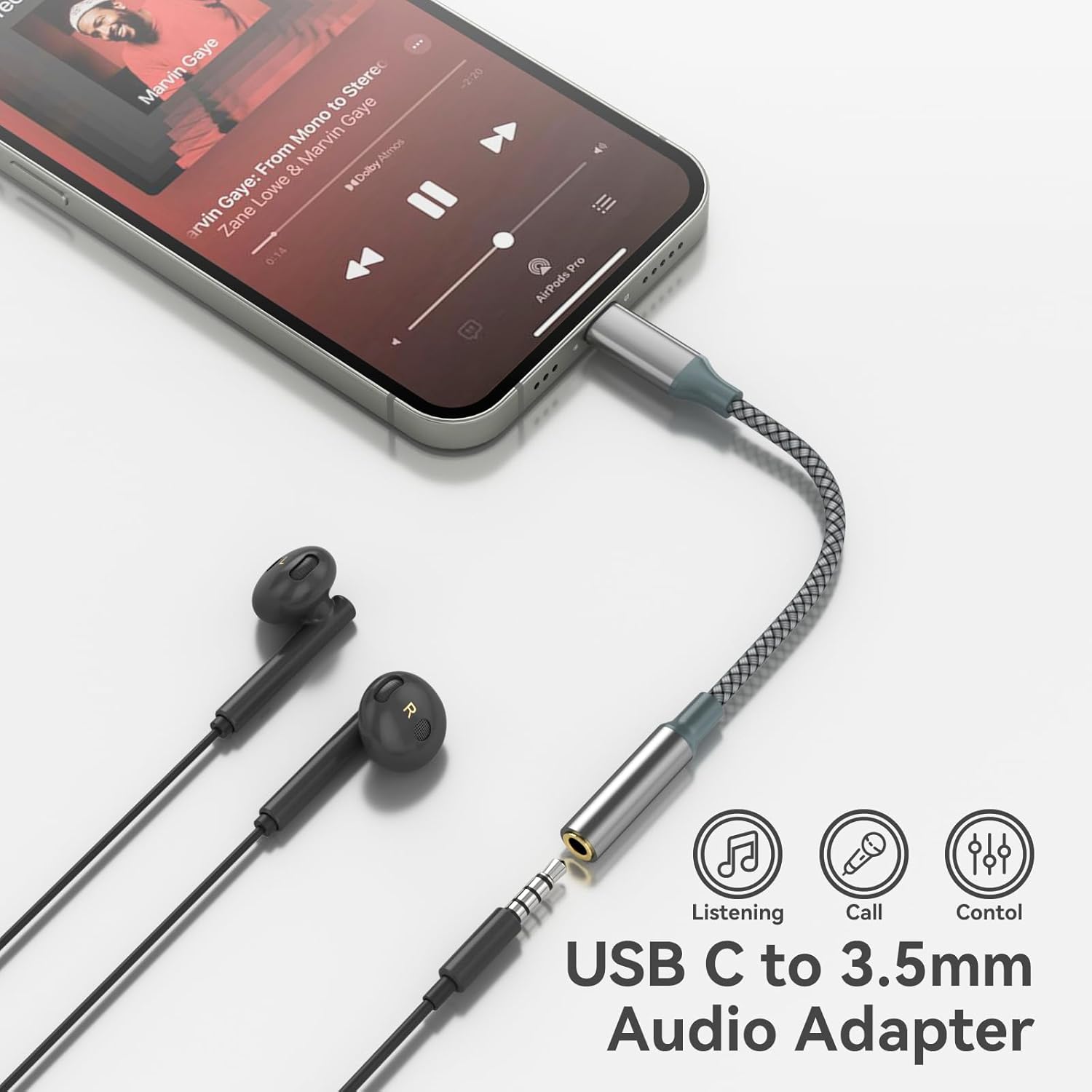 USB C to 3.5mm Headphone Jack Adapter, USB-C to Aux Audio Dongle Cable for iPhone 17 Pro Max/17 Pro, 16/15 Pro Max, 16/15 Pro, Galaxy S23-S21 Ultra, Pixel, iPad Pro, MacBook-UA50-B-0.12